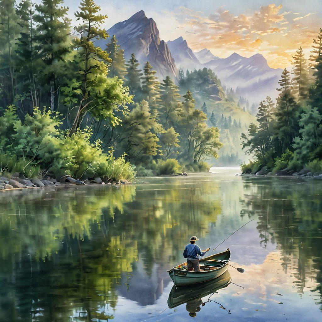A serene river landscape at dawn with a lone angler casting a line from a small boat, surrounded by lush greenery and misty mountains. Affordable fishing gear like a simple rod and tackle box are subtly featured, emphasizing accessibility for all anglers. Bright sunlit reflections on the water, evoking tranquility and inspiration for fishing enthusiasts. watercolor painting. soft pastel colors. natural light.
