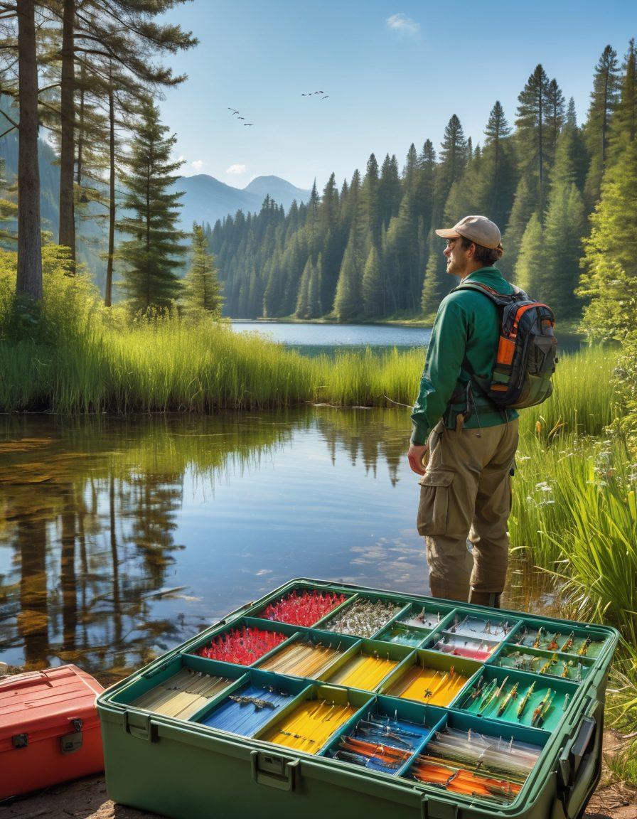 An inspiring and vibrant scene depicting an angler standing at a serene lakeside, analyzing various fishing gear with price tags hovering above, surrounded by colorful flies neatly organized in a tackle box. In the background, a lush green forest and a clear blue sky enhance the atmosphere of nature and efficiency. Include a subtle chart or graph representing savings in fishing expenses. super-realistic. vibrant colors.