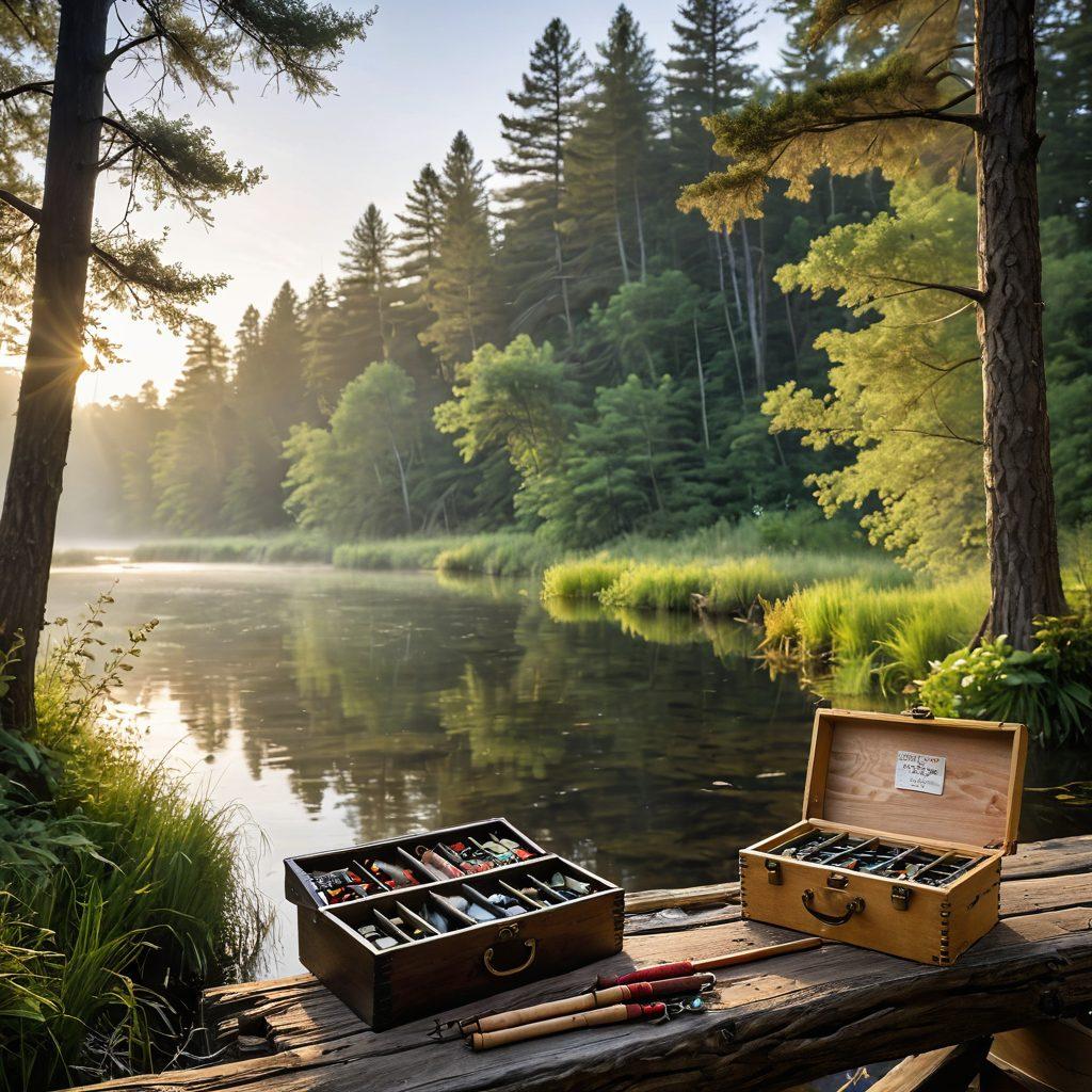 A serene river scene at dawn, showcasing a budget-friendly angler fly fishing with an array of colorful handcrafted flies. Include a quaint wooden tackle box with essential tackle, surrounded by lush green trees and soft mist on the water's surface. A rustic wooden sign indicating 'Budget-Friendly Fishing' enhances the theme of smart choices. Natural light filtering through the trees creates a warm atmosphere. super-realistic. vibrant colors. peaceful landscape.